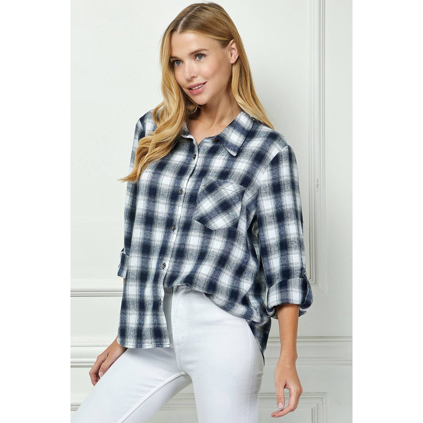 PLAID FLANNEL ROLL SLEEVES  COLLAR NECK SHIRTS: IV/NY / M