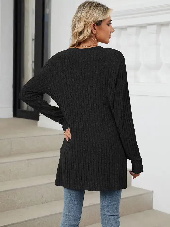 Solid Knit Long Sleeve Pocket Open Front Cardigan: Khaki / 65%Rayon +30%Polyester+ 5%Spandex / XL