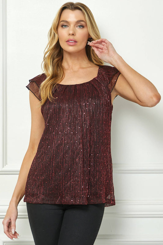 MOONLIGHT GLEAM PLEATED FLUTTER BLOUSE  : Red/Black/Red / XL