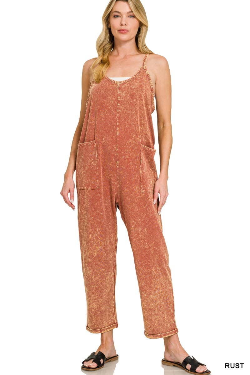 Washed Spaghetti Straps Overalls With Pockets: B LAVENDER