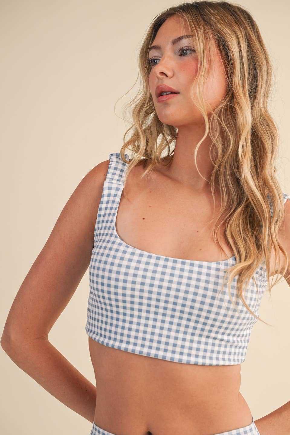 Gingham Print Ruched Bra Top: Pink Gingham / M