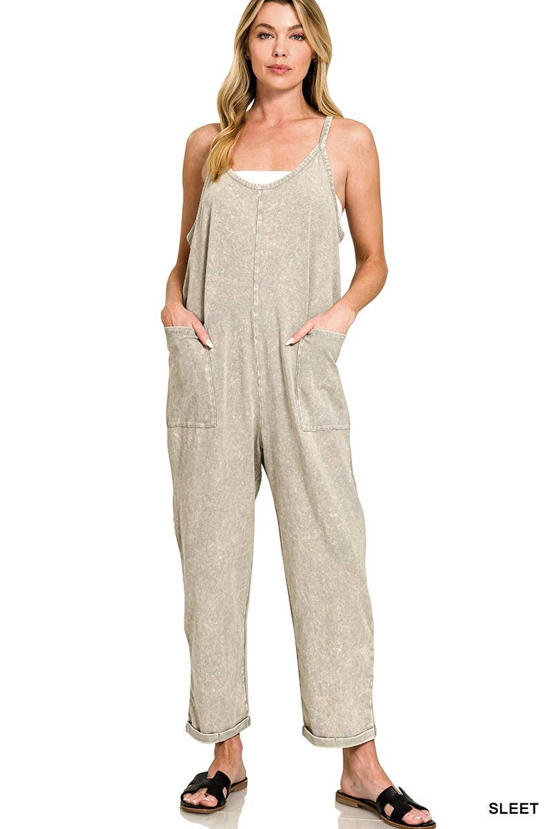 Washed Spaghetti Straps Overalls With Pockets: B LAVENDER