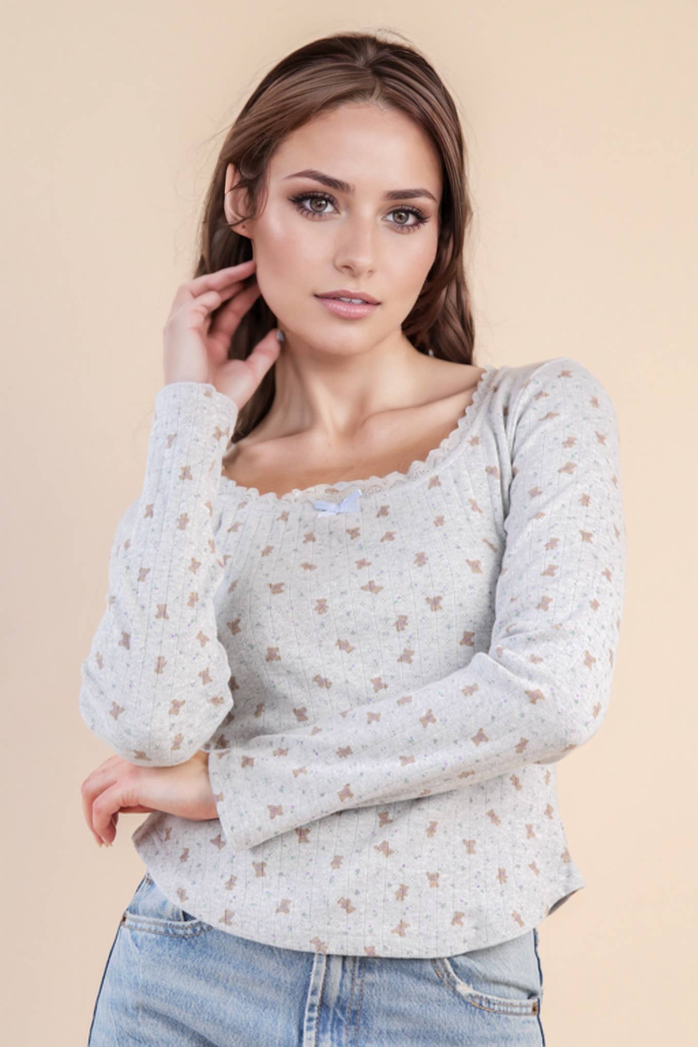 NT12410-Printed Fitted Casual Knit Top: CREAM TEDDY BEAR / S-M-L/2-2-2