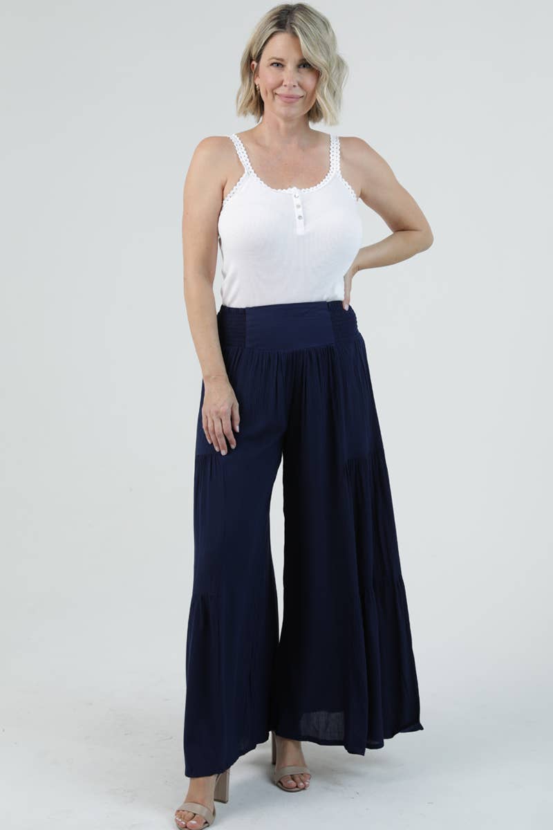 L ACID WASH TIERED WIDE LEG PANTS: CHOCOLATE / L