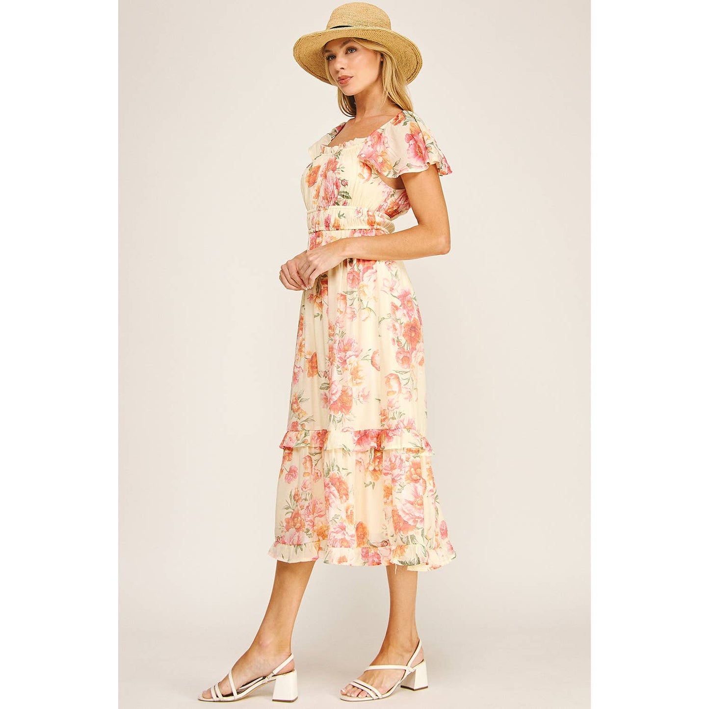 FLUTTER SLEEVE FLORAL TIERED MIDI DRESS: I/P/O / L