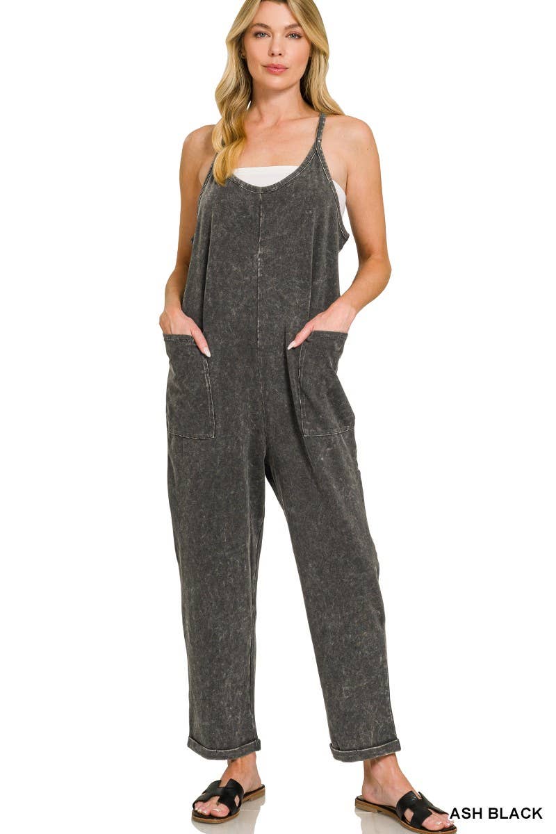 Washed Spaghetti Straps Overalls With Pockets: B LAVENDER