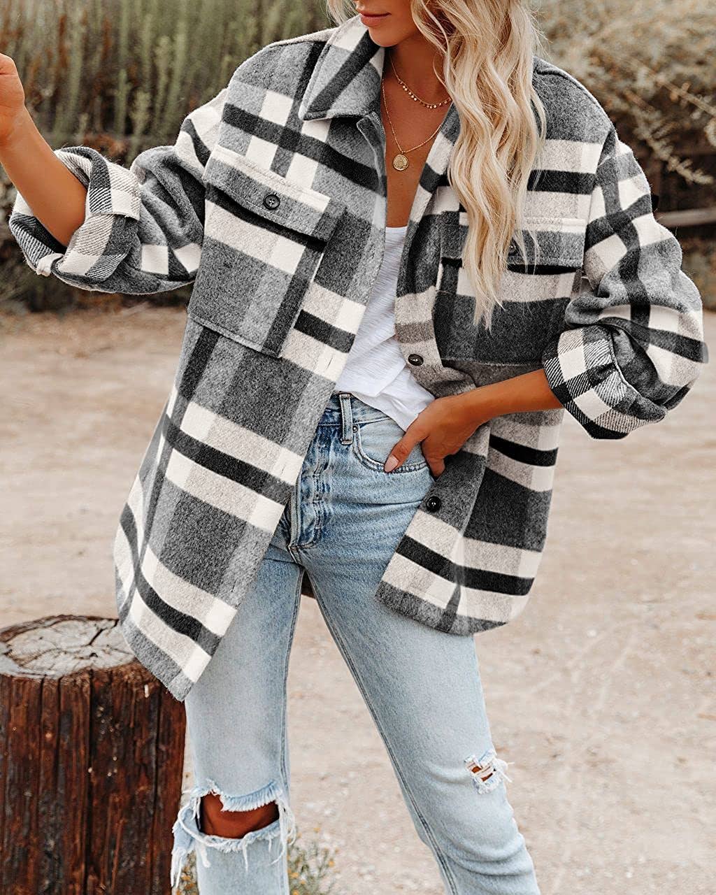 Women's Plaid Button Down Flannel Shirt Jacket – Cozy & Stylish: Light gray / 100%Polyester / S