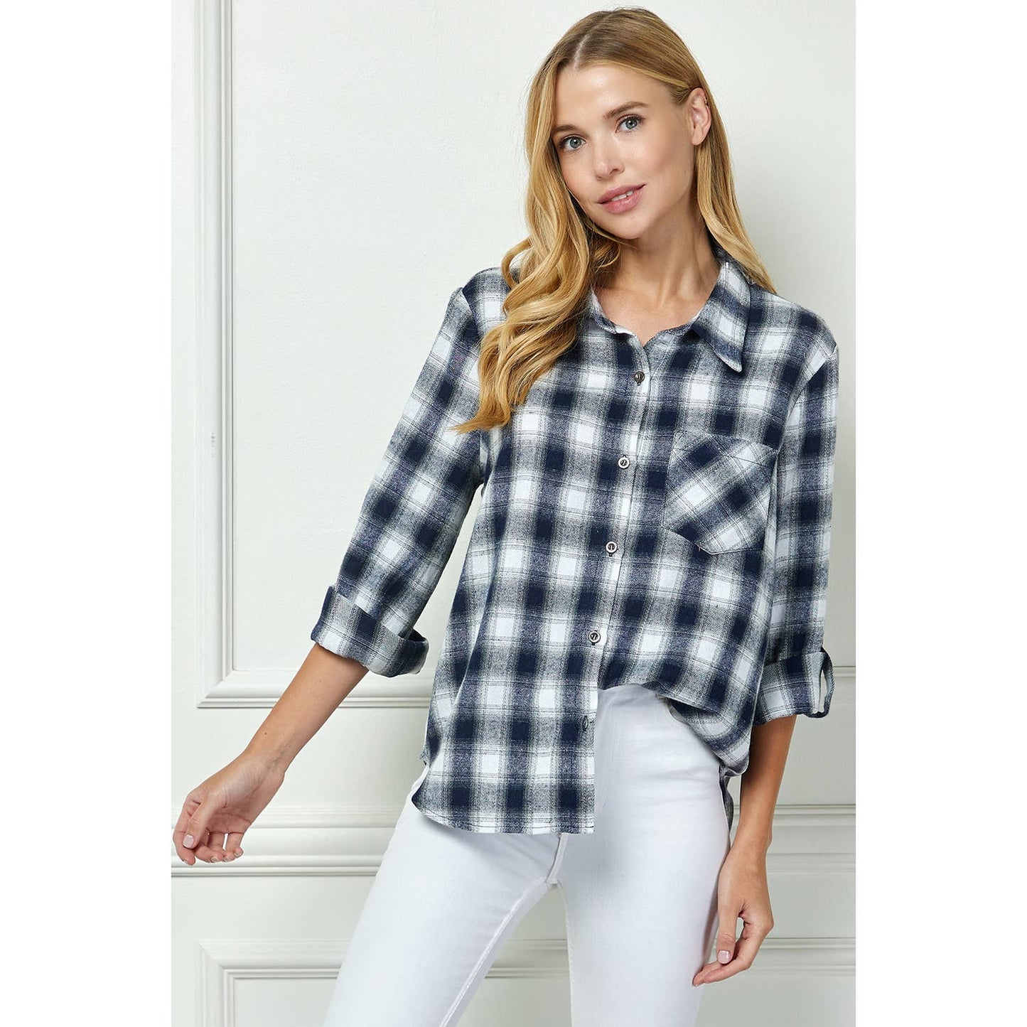 PLAID FLANNEL ROLL SLEEVES  COLLAR NECK SHIRTS: IV/NY / XL