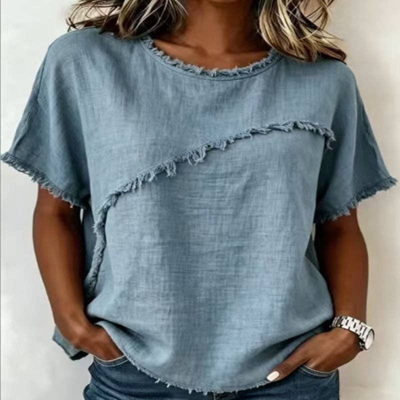 2X Frayed Edge Linen Blend Top Round Neck Short Sleeve Casual: Light Green