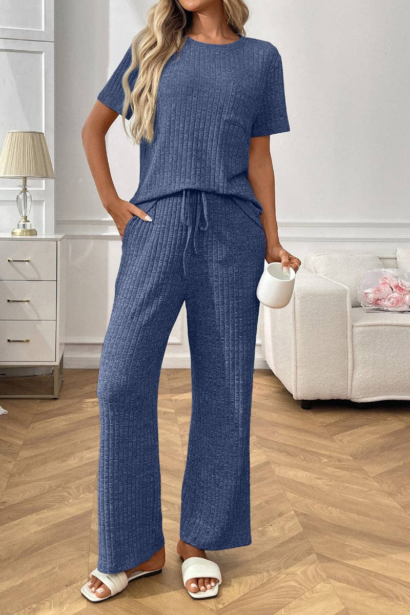 Short Sleeve Ribbed Knit Lounge Set with Drawstring Pants: Burgundy / S
