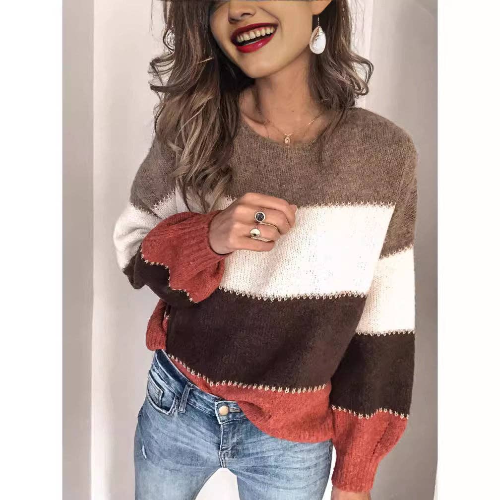 M Women's Color Block Crewneck Long Sleeve Knit Sweater