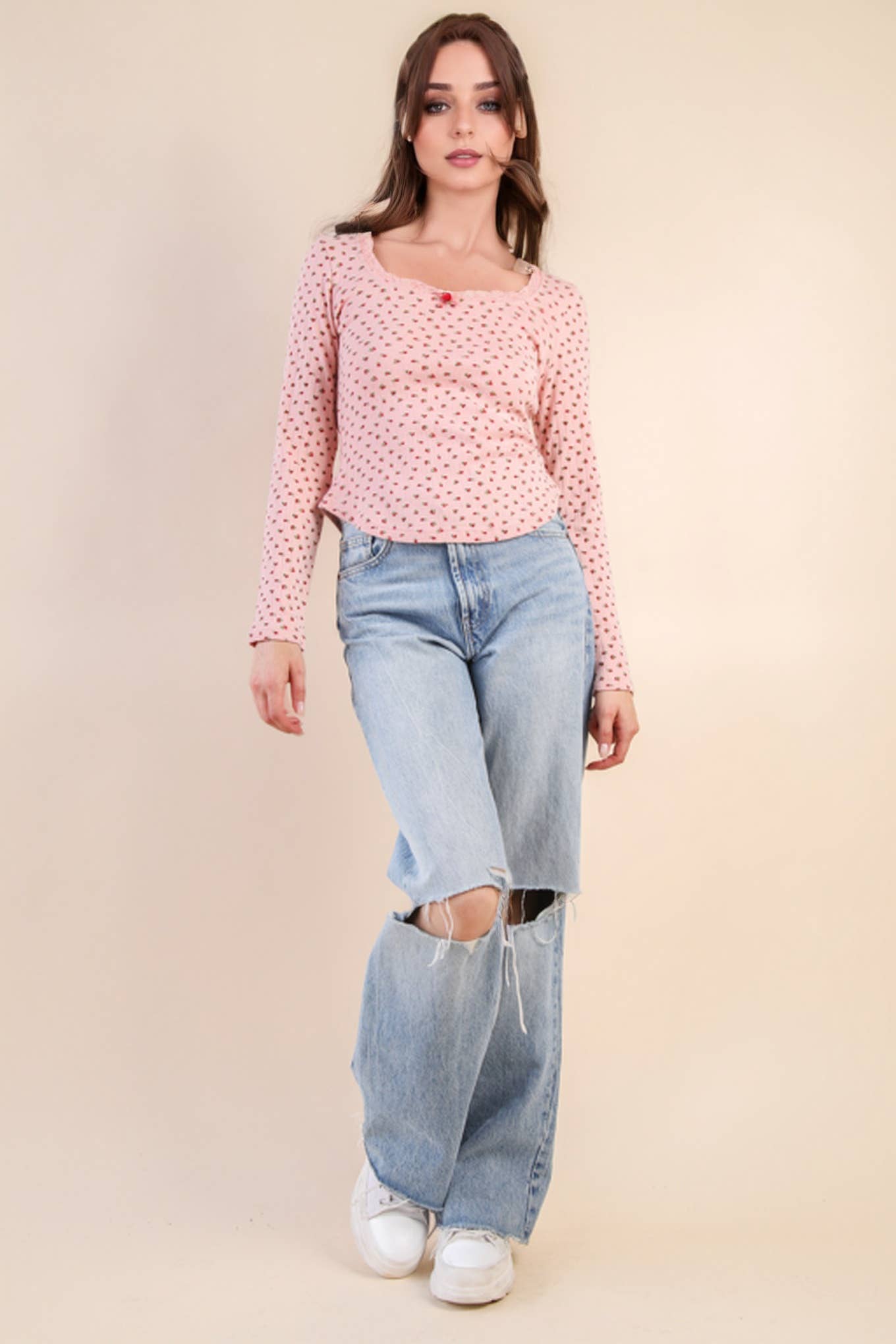 NT12410-Printed Fitted Casual Knit Top: CREAM FLORAL / S-M-L/2-2-2