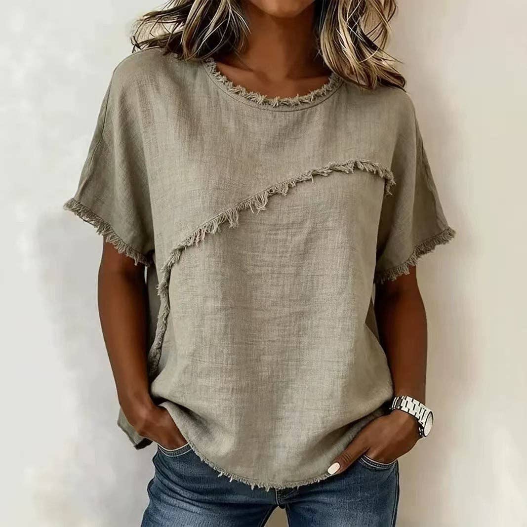 M Frayed Edge Linen Blend Top Round Neck Short Sleeve Casual: Apricot