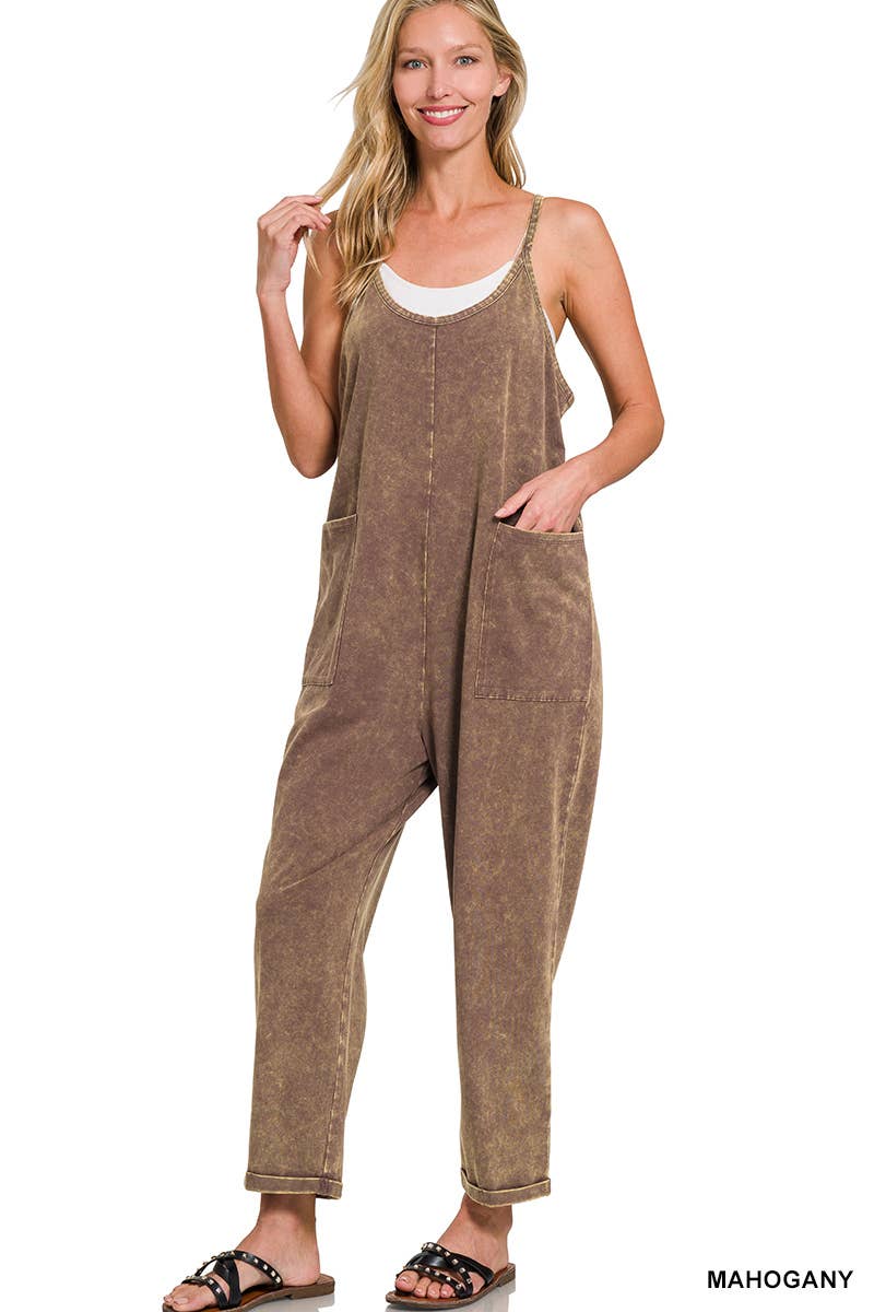 Washed Spaghetti Straps Overalls With Pockets: B LAVENDER