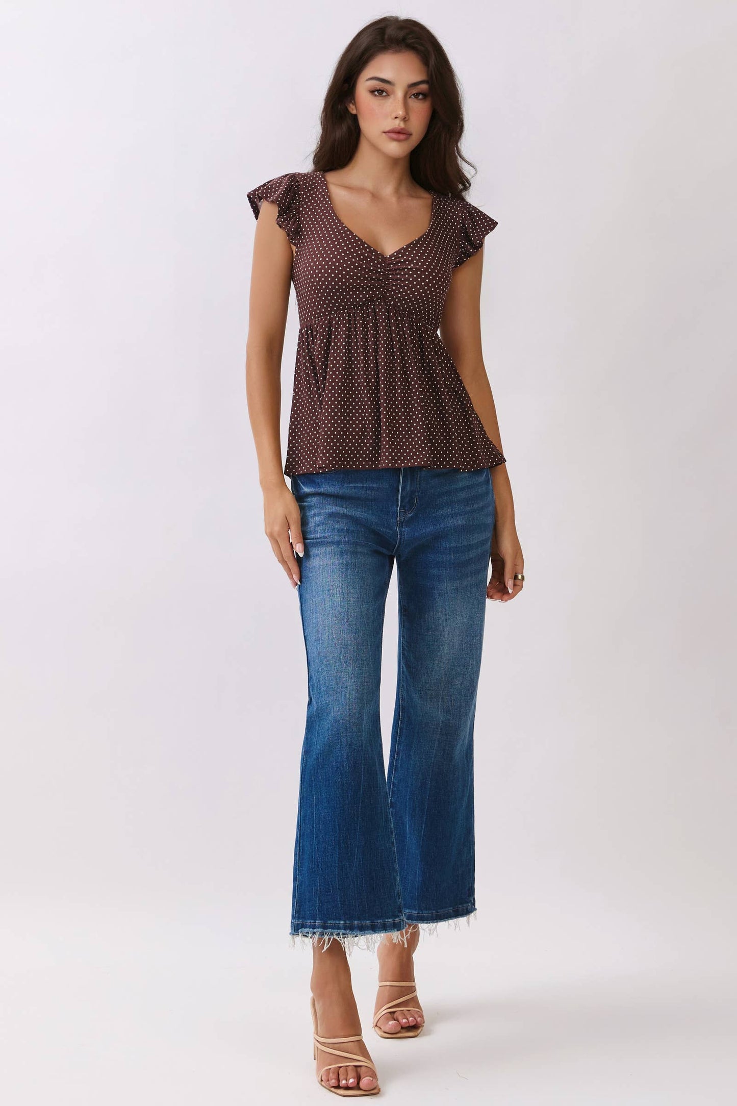RT57069BP - PRINTED PEPLUM TOP WITH TIE BACK DETAIL: NAVAL ACADEMY/WHT POLKA DOT / S-M-L/2-2-2
