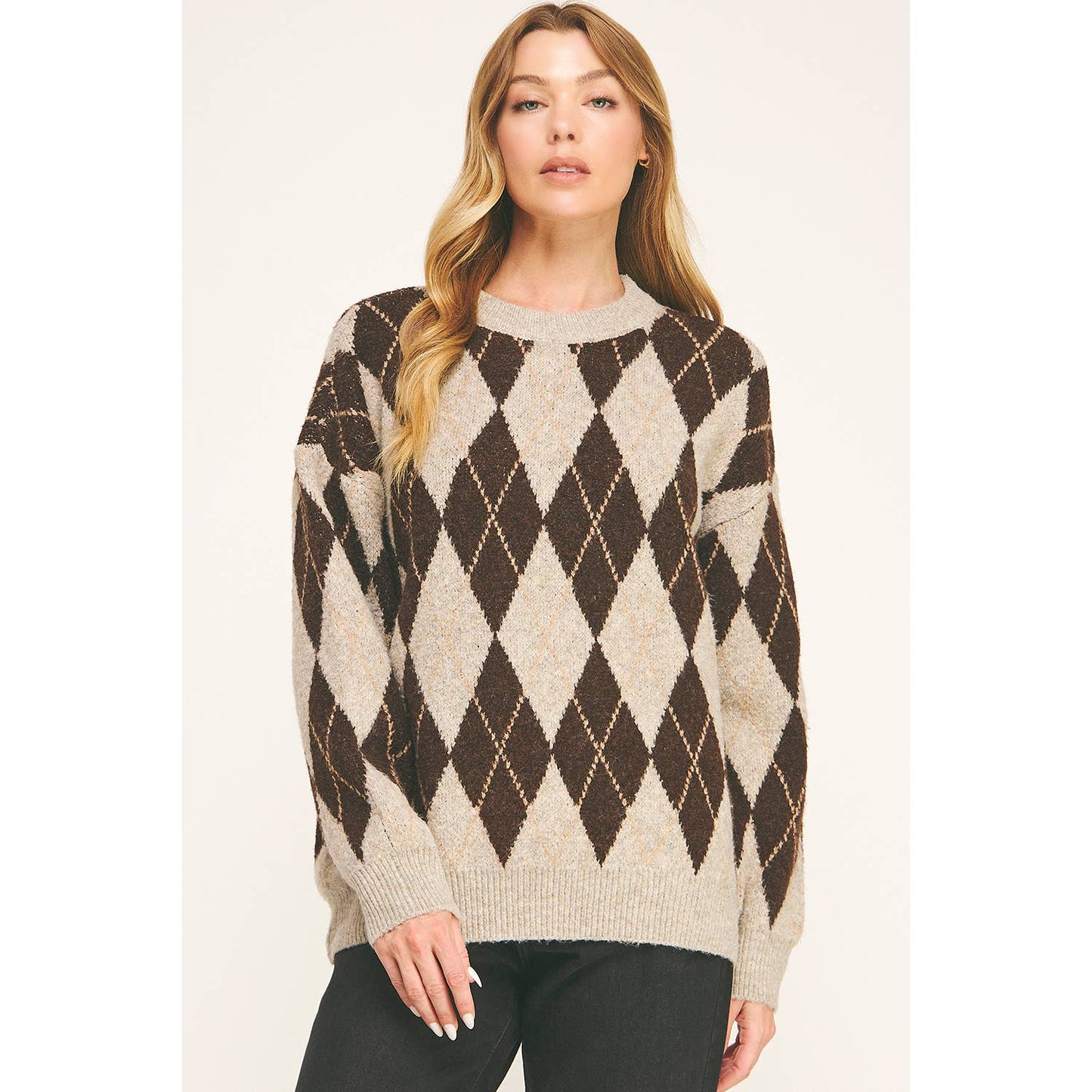 CHECKERED CREW NECK LONG SLEEVE PULLOVER SWEATER (Copy): TONAL GREY / S