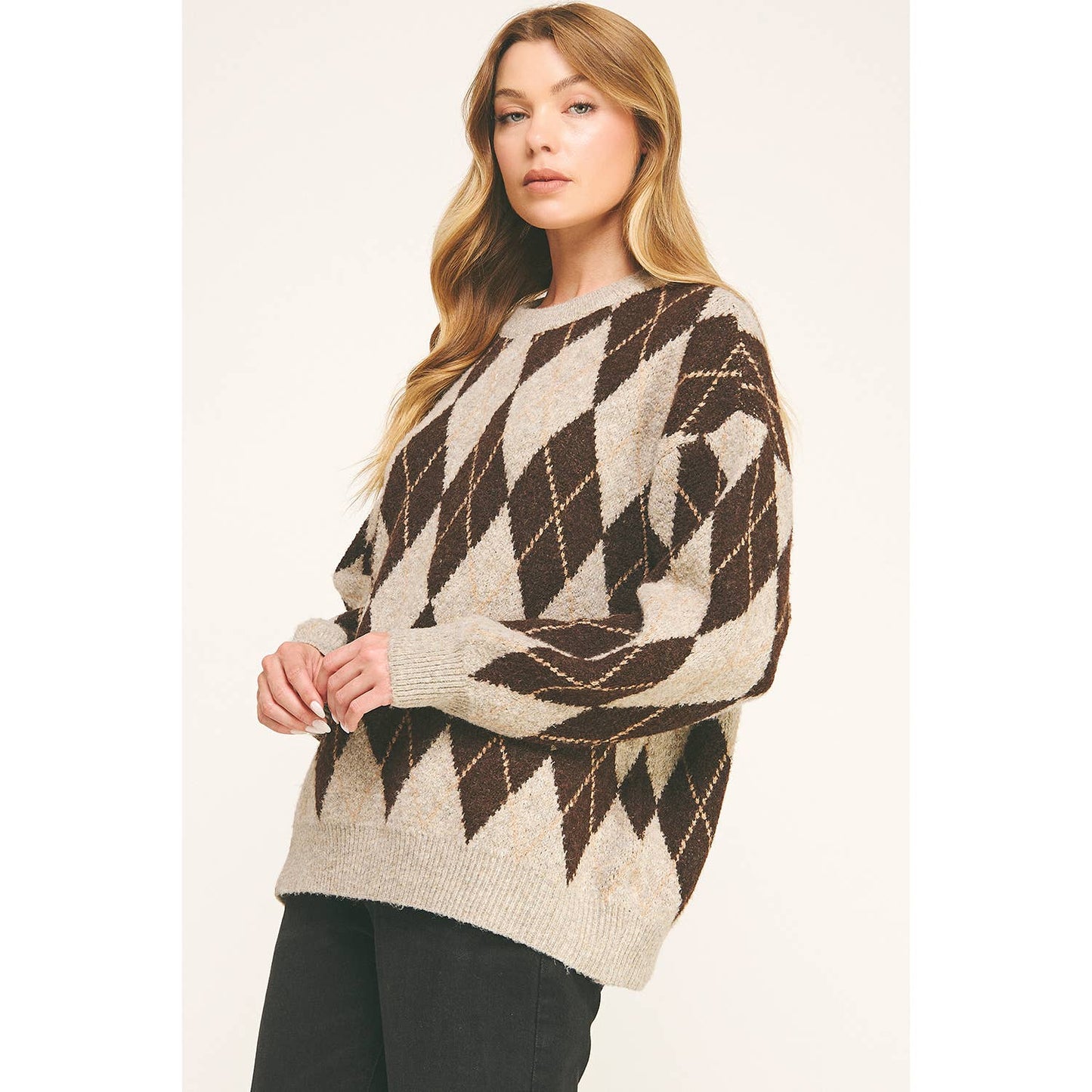 CHECKERED CREW NECK LONG SLEEVE PULLOVER SWEATER (Copy): TONAL GREY / L