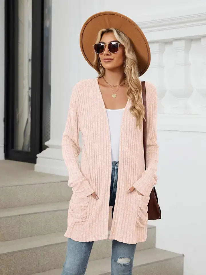 Solid Knit Long Sleeve Pocket Open Front Cardigan: Khaki / 65%Rayon +30%Polyester+ 5%Spandex / XL