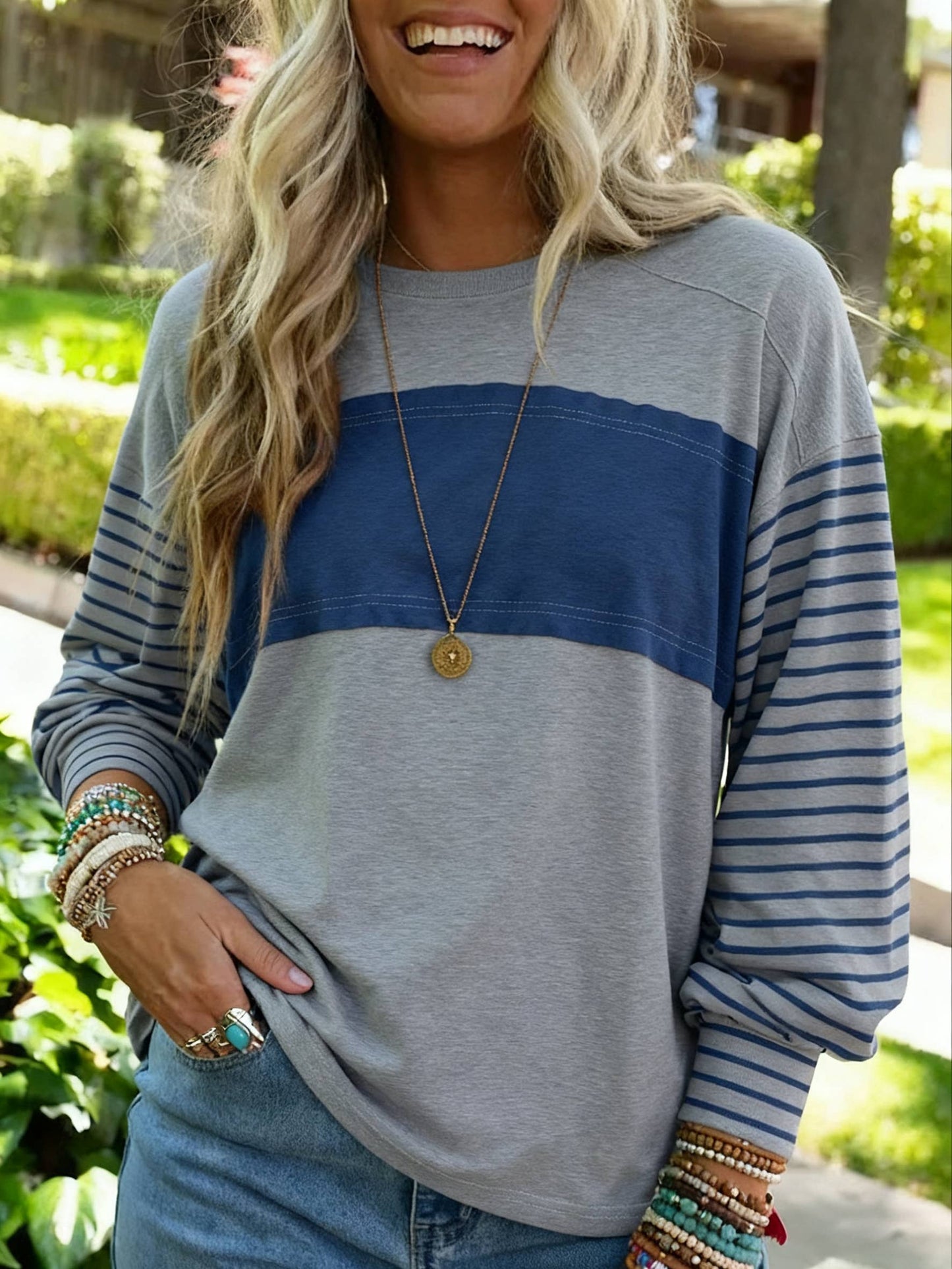 Colorblock Striped Long Sleeve Casual Knit Top: Grey / 60%Polyester+35%Viscose+5%Elastane / XL