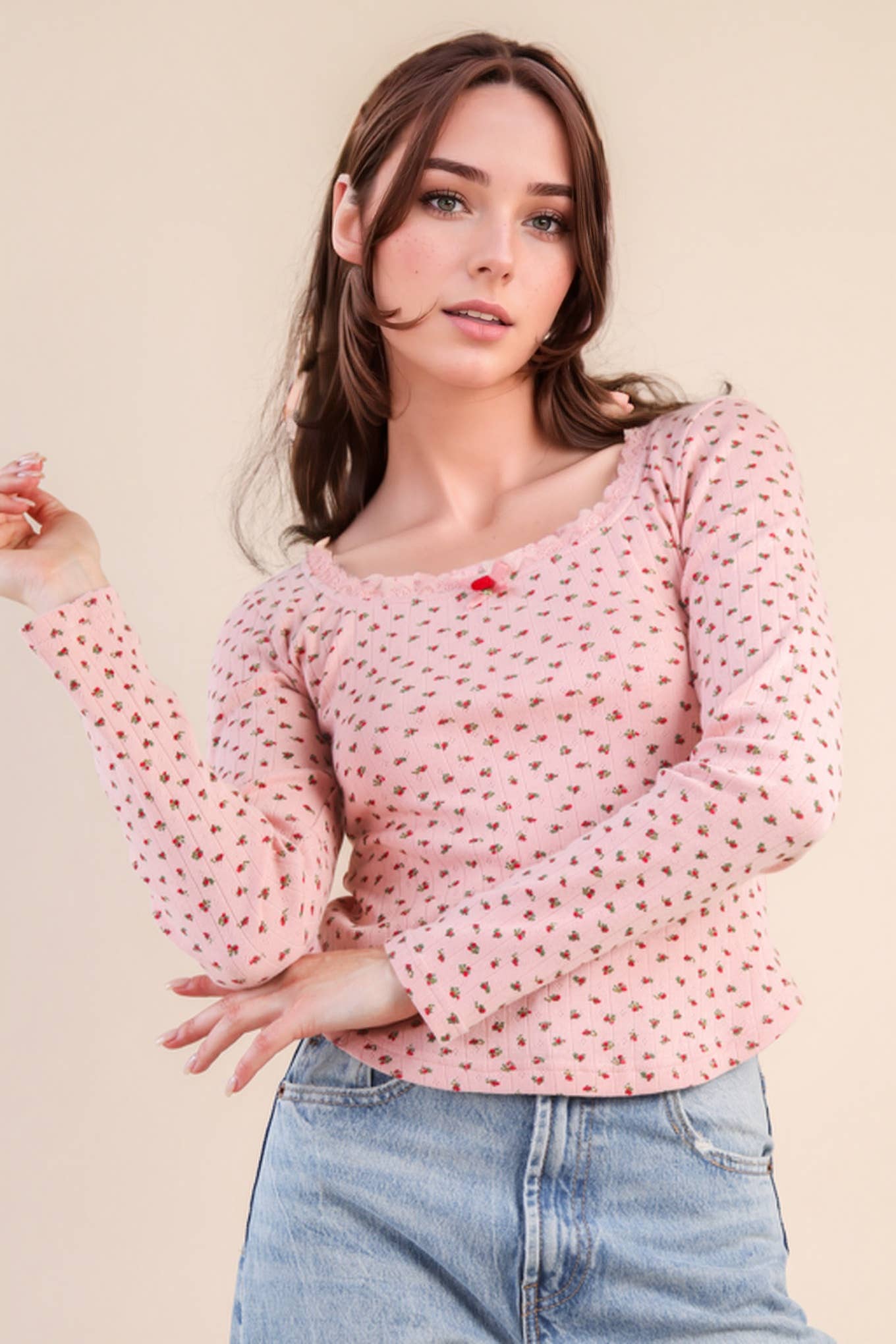 NT12410-Printed Fitted Casual Knit Top: CREAM FLORAL / S-M-L/2-2-2