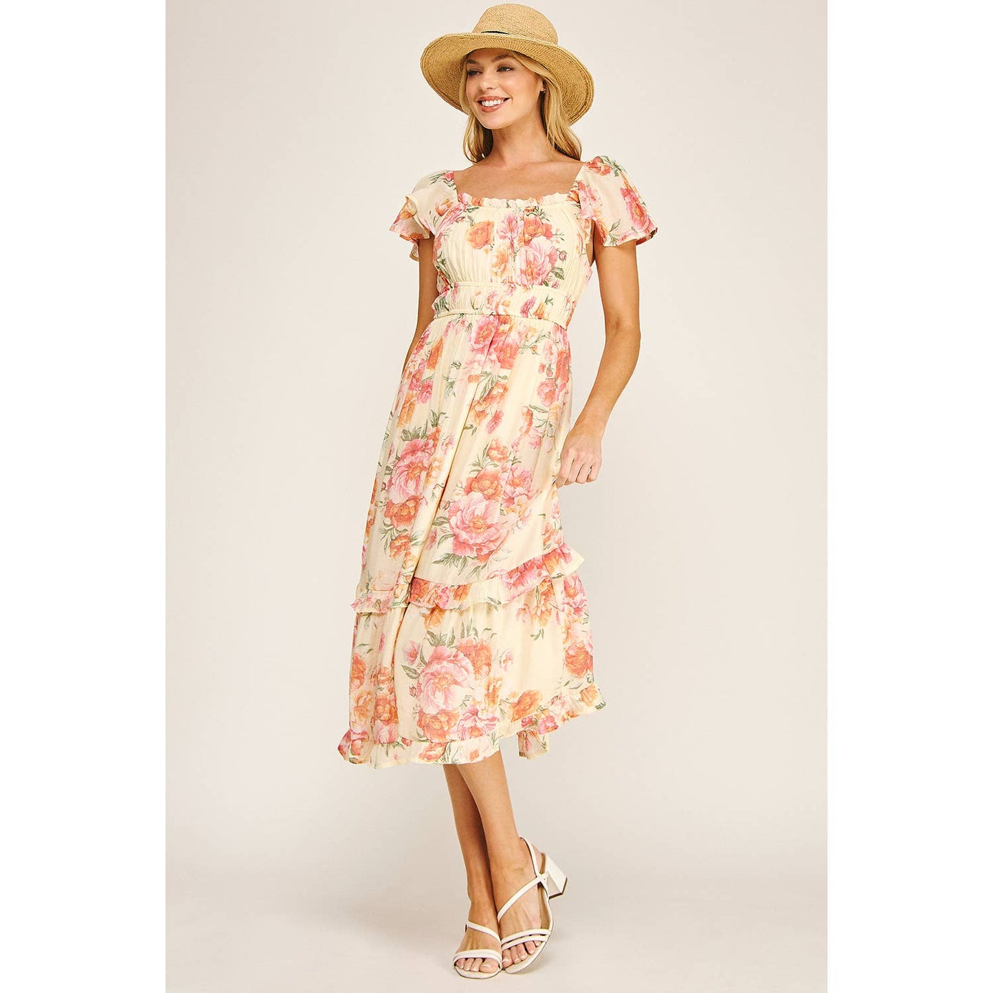 FLUTTER SLEEVE FLORAL TIERED MIDI DRESS: I/P/O / M