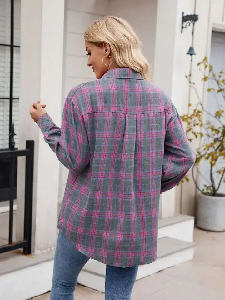 Fuchsia Gray Plaid Button Down Long Sleeve Shirt: Fuchsi+gray / 100%polyester / XL