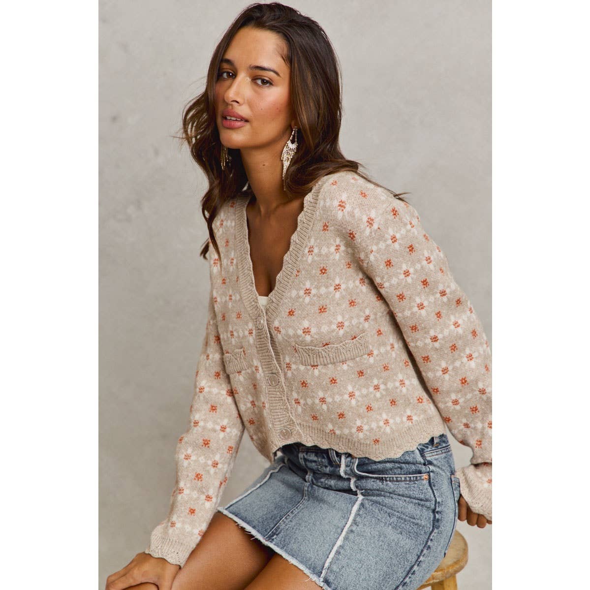 XL FLORAL PATTERNED BUTTON DOWN SWEATER CARDIGAN: GREY OATMEAL / XL