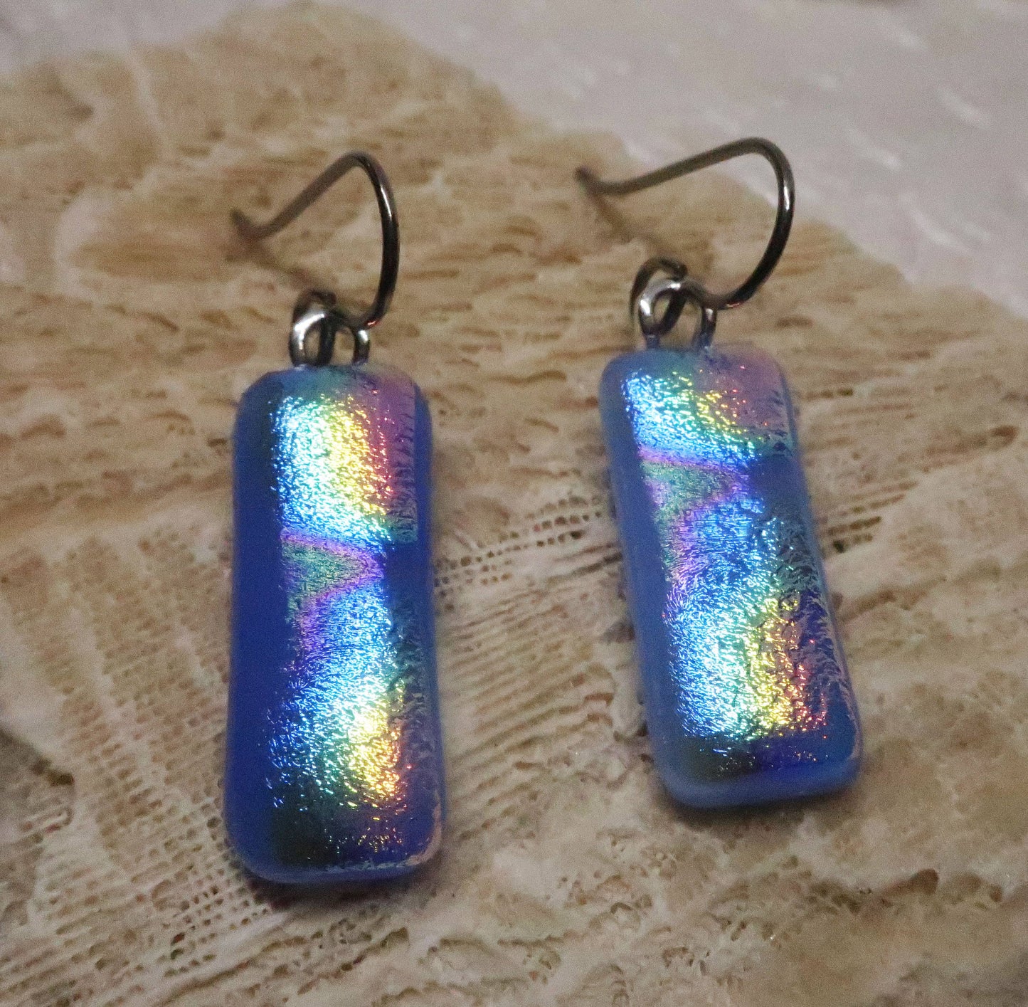 Blue Rainbow Fused Dichroic Glass Titanium Dangle earrings