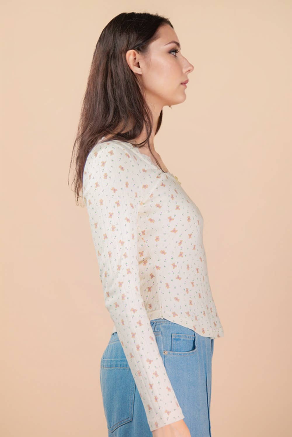 NT12410-Printed Fitted Casual Knit Top: CREAM FLORAL / S-M-L/2-2-2