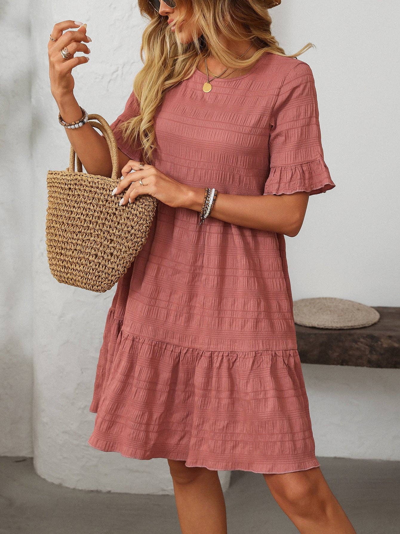 Loose Casual Short-Sleeve Elegant Dress: Pink / M