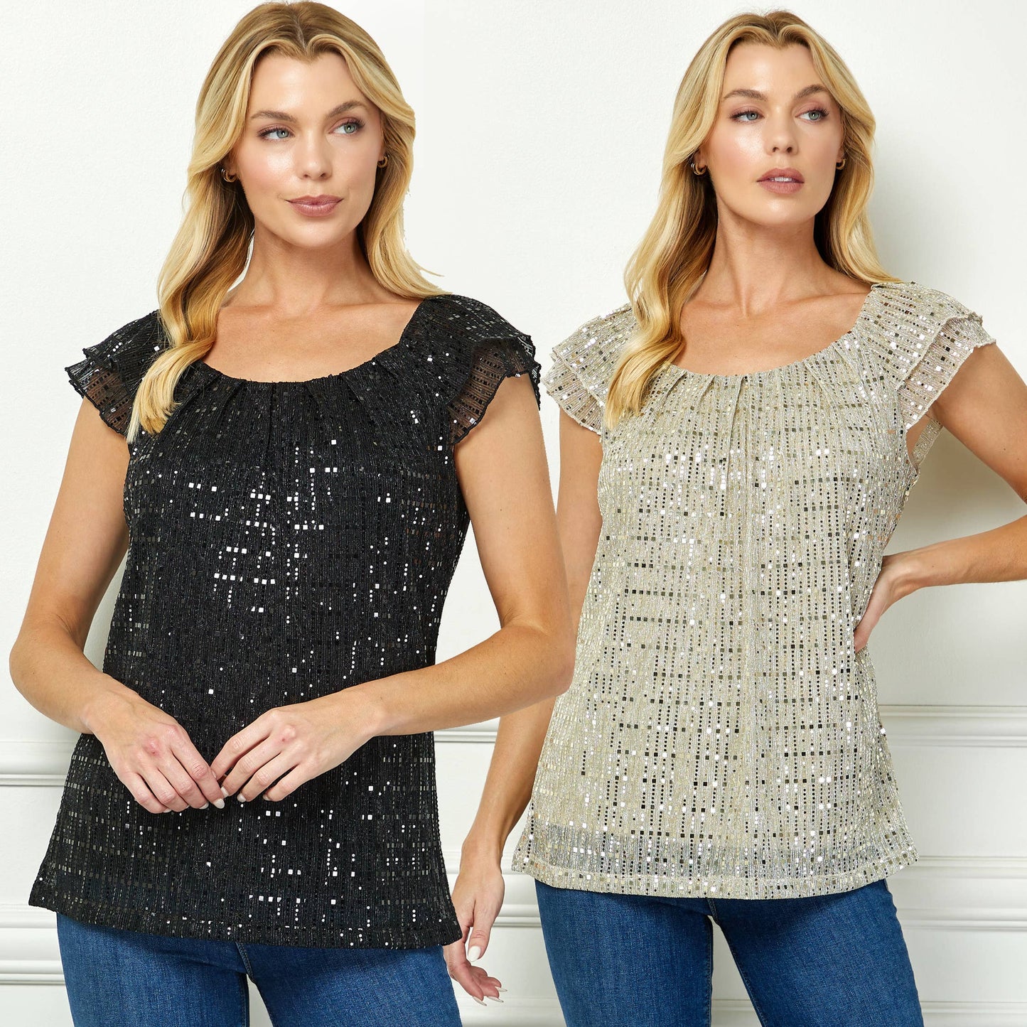 MOONLIGHT GLEAM PLEATED FLUTTER BLOUSE  : Red/Black/Red / L