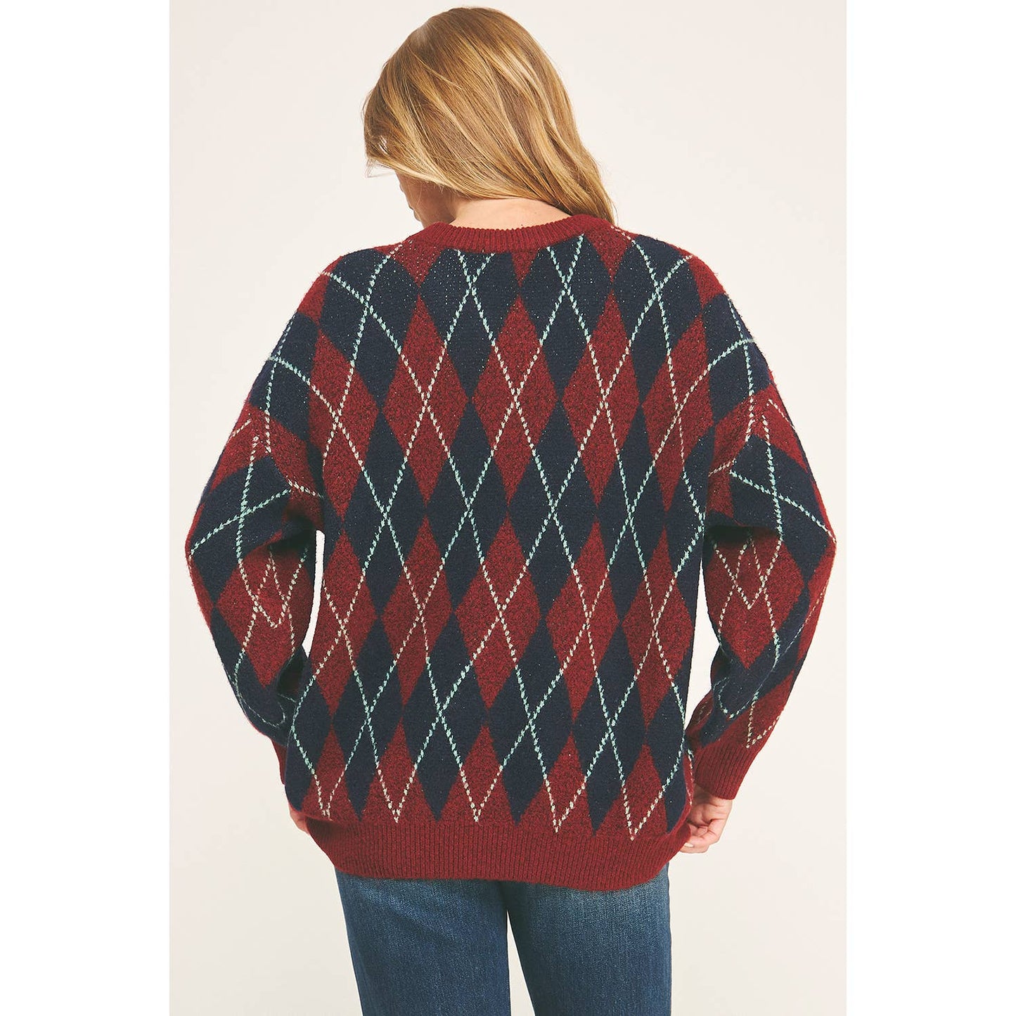 CHECKERED CREW NECK LONG SLEEVE PULLOVER SWEATER (Copy): TONAL GREY / XL