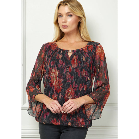 SPARKLING PLEATED BUBBLE HEM TOP : Black/Wine/Red / L
