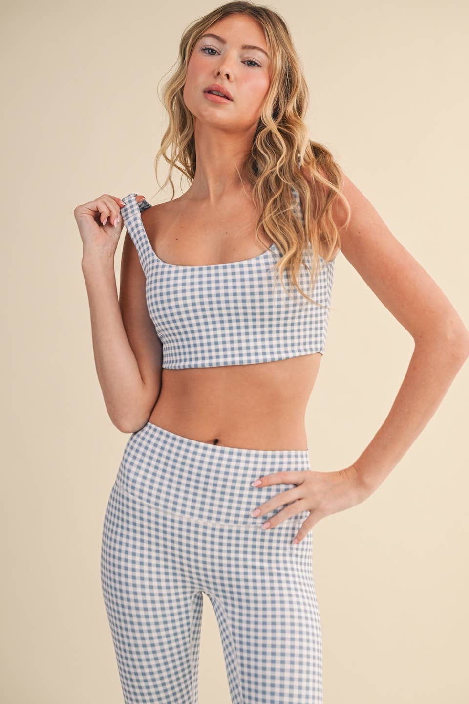 Gingham Print Ruched Bra Top: Pink Gingham / M