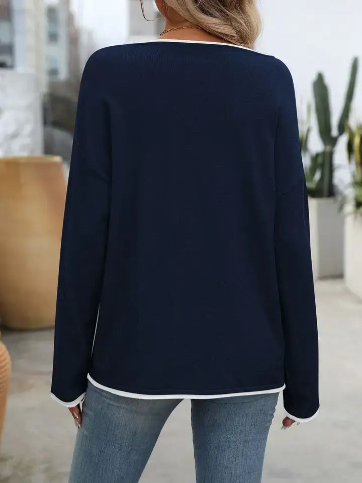 Crew Neck Colorful Core-Spun Yarn Long-Sleeve Sweater: Navy blue / 30%Nylon+70%Acrylic / XL