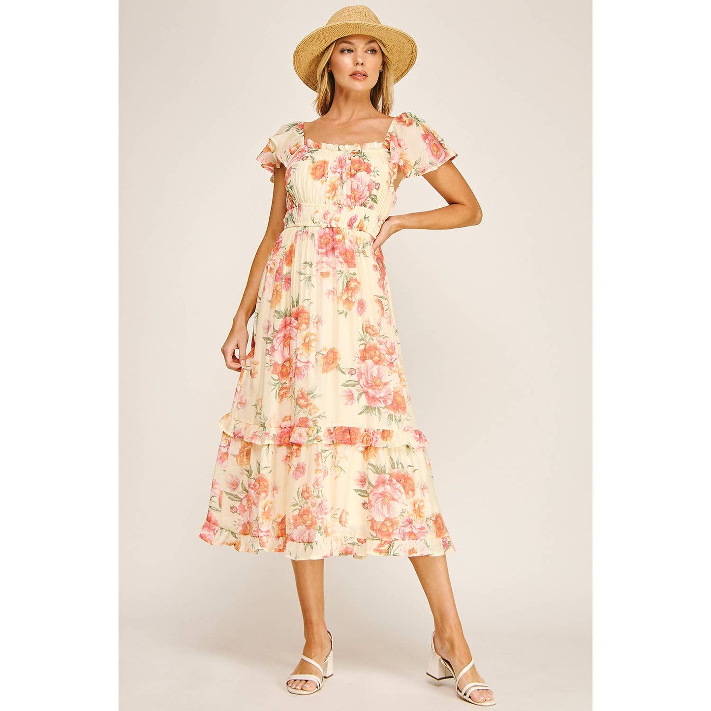 FLUTTER SLEEVE FLORAL TIERED MIDI DRESS: I/P/O / S