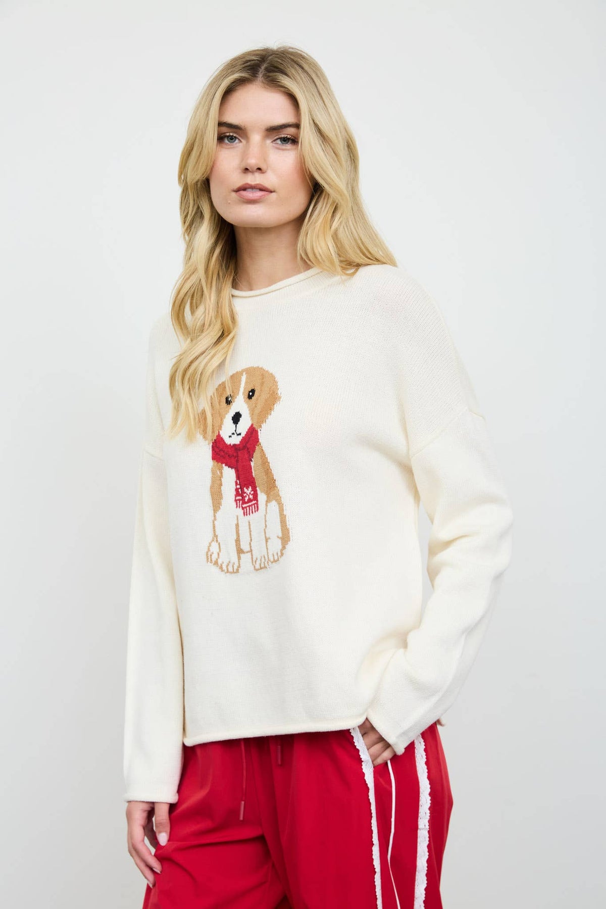 PUPPY MOTIF CREW NECK KNIT PULLOVER: CHOCOLATE BROWN