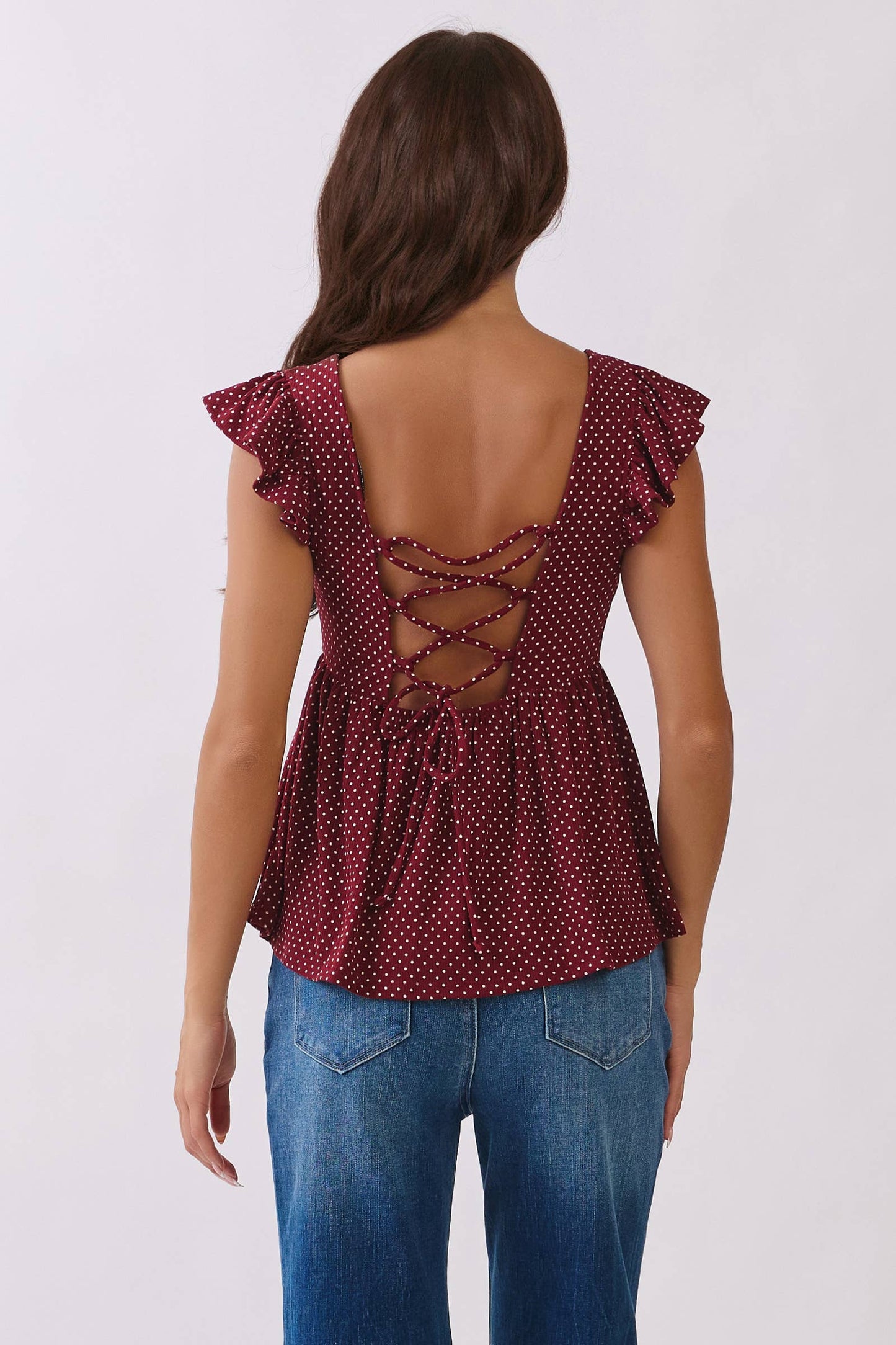 RT57069BP - PRINTED PEPLUM TOP WITH TIE BACK DETAIL: NAVAL ACADEMY/WHT POLKA DOT / S-M-L/2-2-2