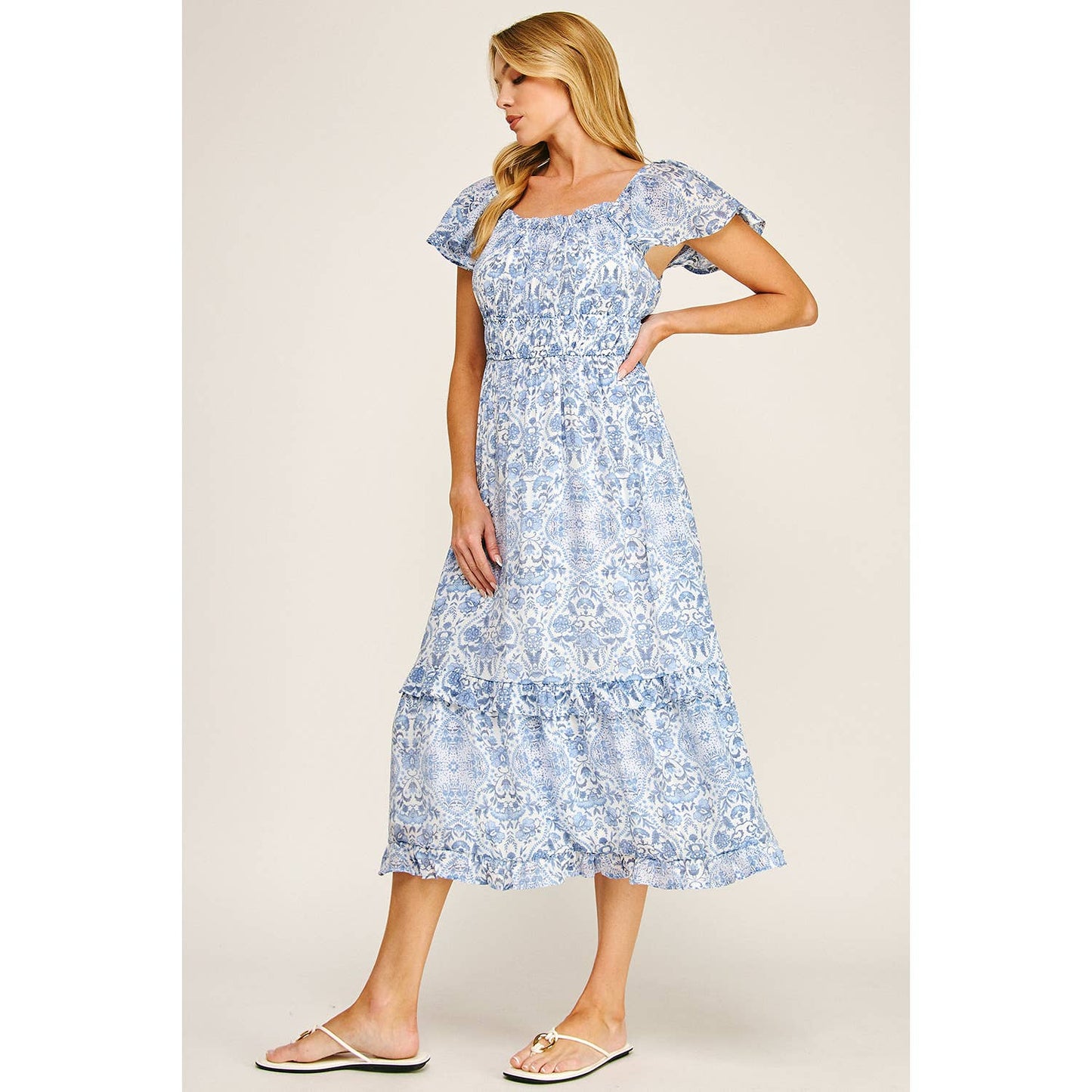 FLUTTER SLEEVE FLORAL TIERED MIDI DRESS: I/P/O / L