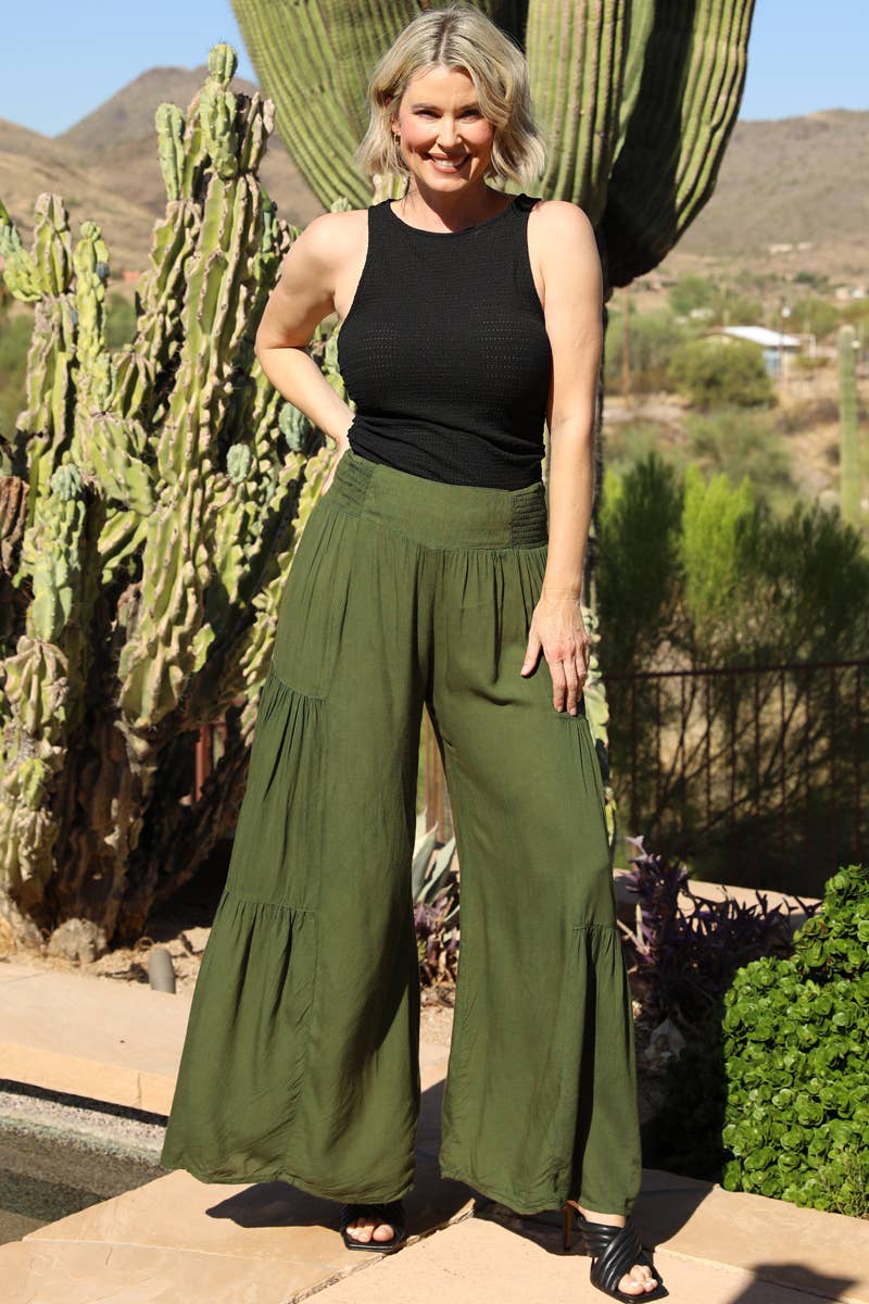S ACID WASH TIERED WIDE LEG PANTS: CHOCOLATE / S