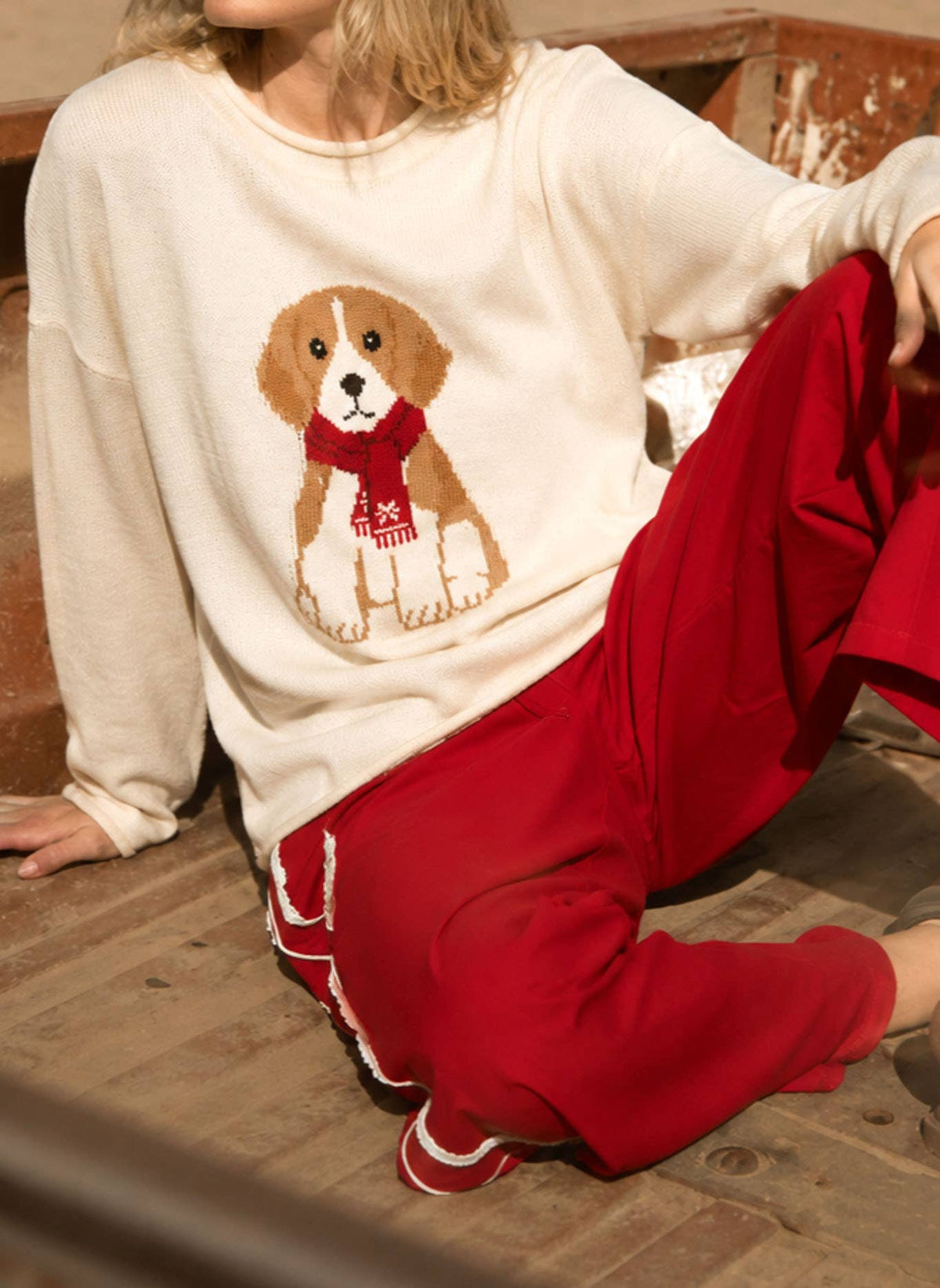 PUPPY MOTIF CREW NECK KNIT PULLOVER: CHOCOLATE BROWN