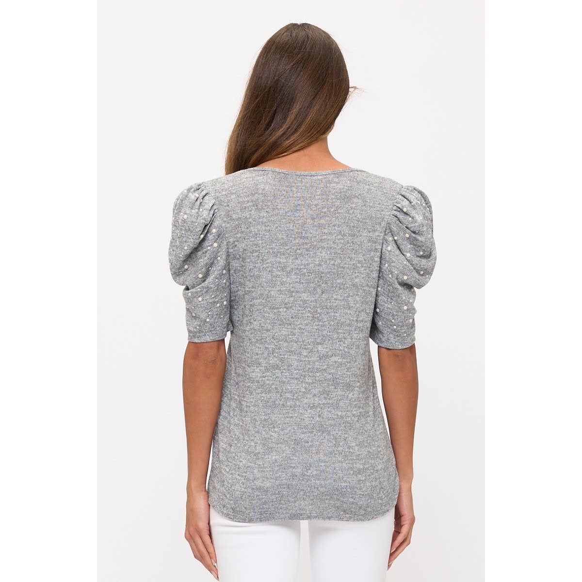 COZY PEARL BEADED VNECK PUFF FASHION SWEATER: HEATHER GREY / BLACK / S-M-L-XL(1-1-2-2)