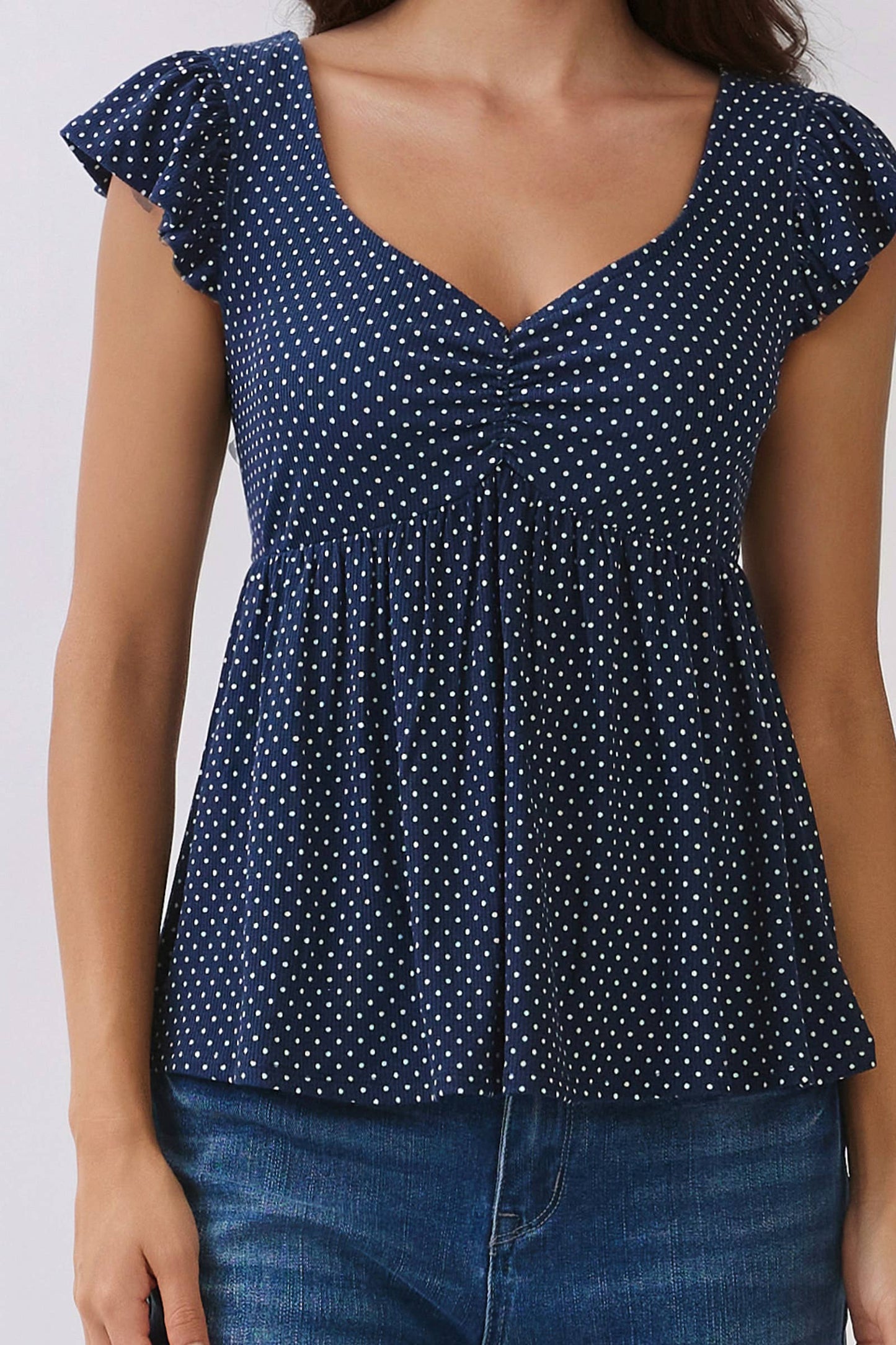 RT57069BP - PRINTED PEPLUM TOP WITH TIE BACK DETAIL: NAVAL ACADEMY/WHT POLKA DOT / S-M-L/2-2-2