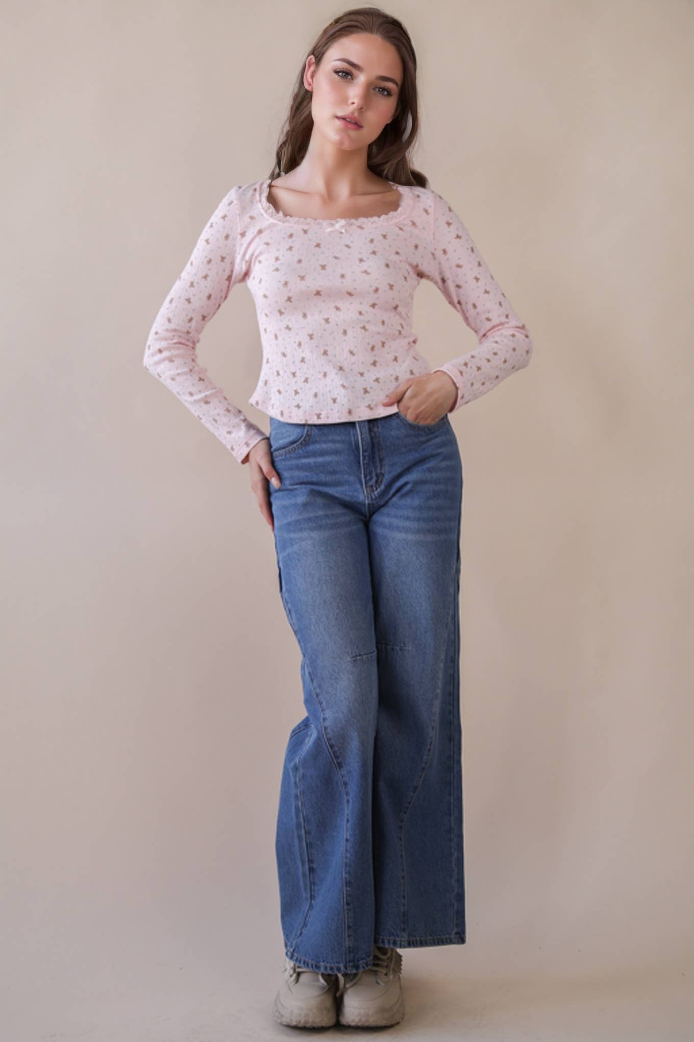 NT12410-Printed Fitted Casual Knit Top: CREAM TEDDY BEAR / S-M-L/2-2-2