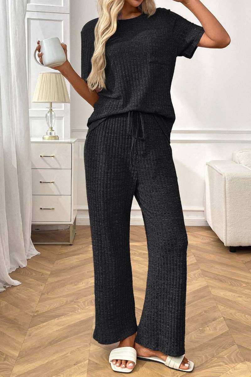 Short Sleeve Ribbed Knit Lounge Set with Drawstring Pants: Burgundy / S