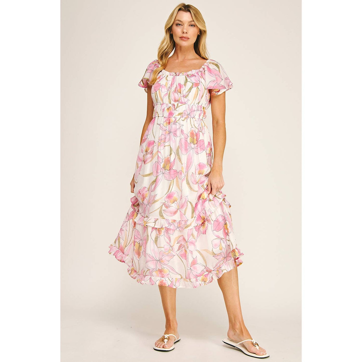 FLUTTER SLEEVE FLORAL TIERED MIDI DRESS: I/P/O / XL
