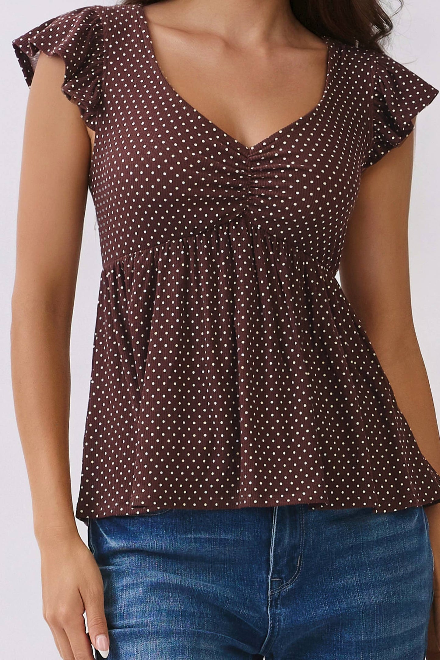 RT57069BP - PRINTED PEPLUM TOP WITH TIE BACK DETAIL: NAVAL ACADEMY/WHT POLKA DOT / S-M-L/2-2-2