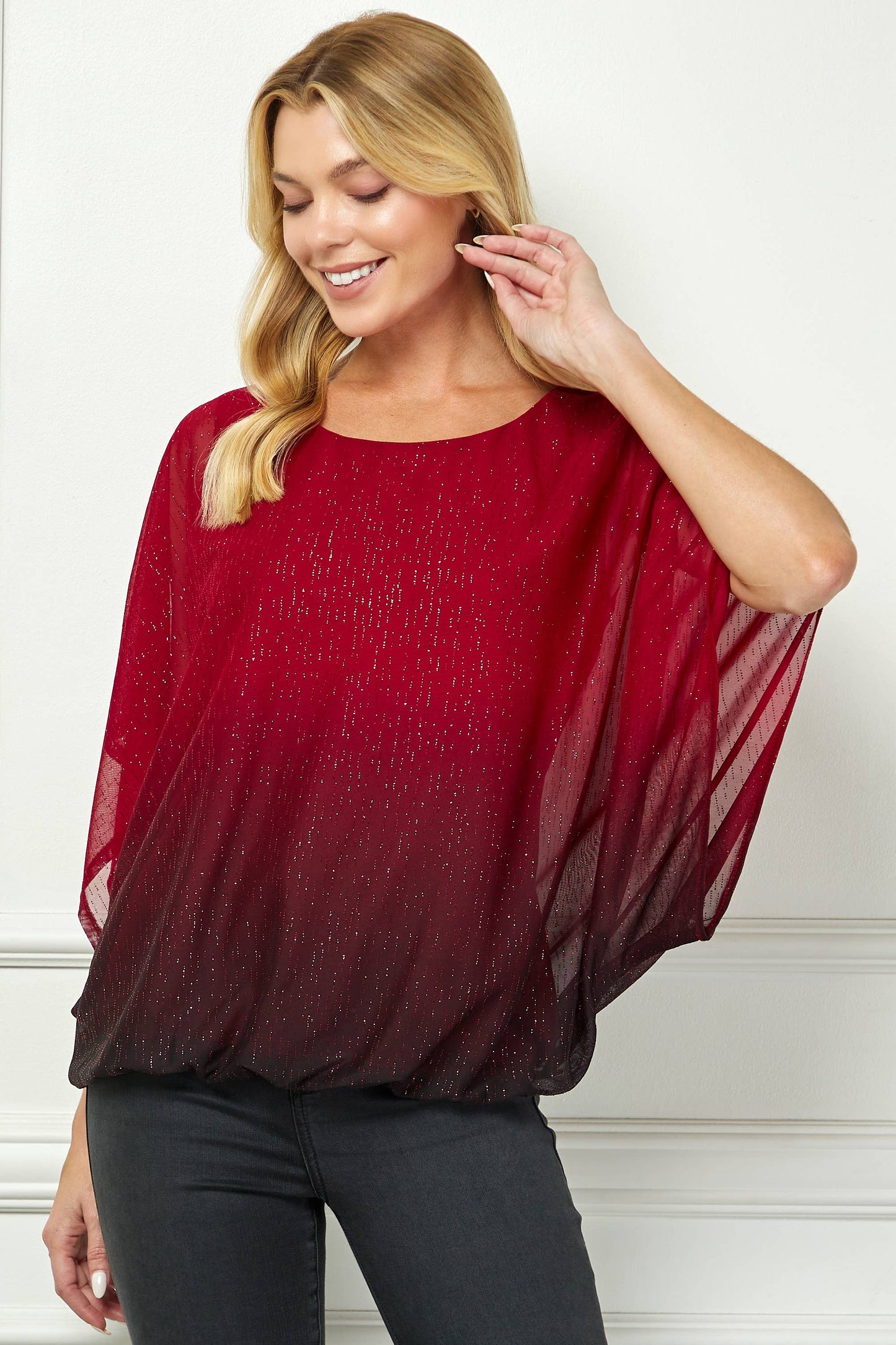LUMINOUS GRACE DOLMAN BUBBLE BLOUSE: Stone/Black/Rose / S