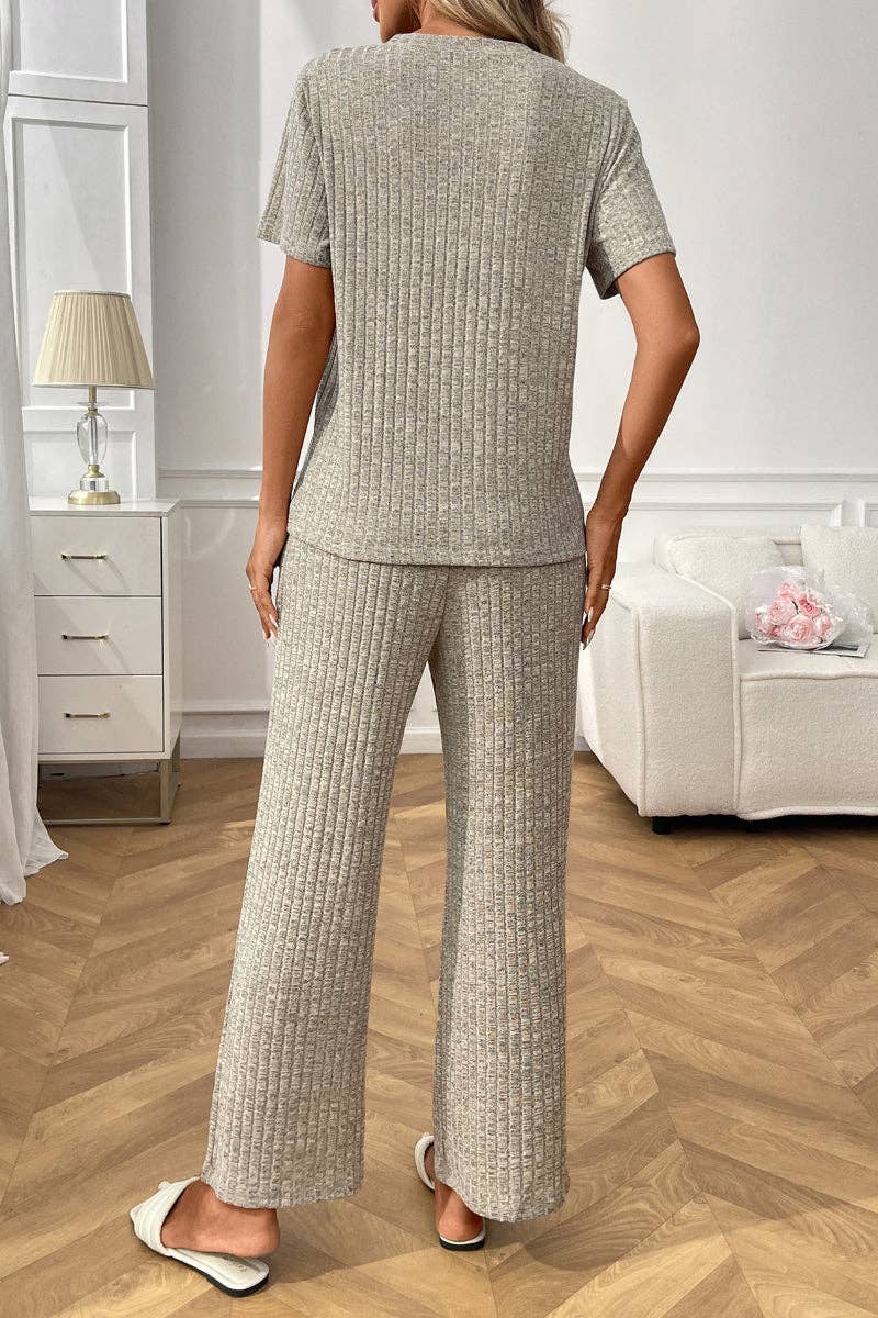 Short Sleeve Ribbed Knit Lounge Set with Drawstring Pants: Burgundy / S