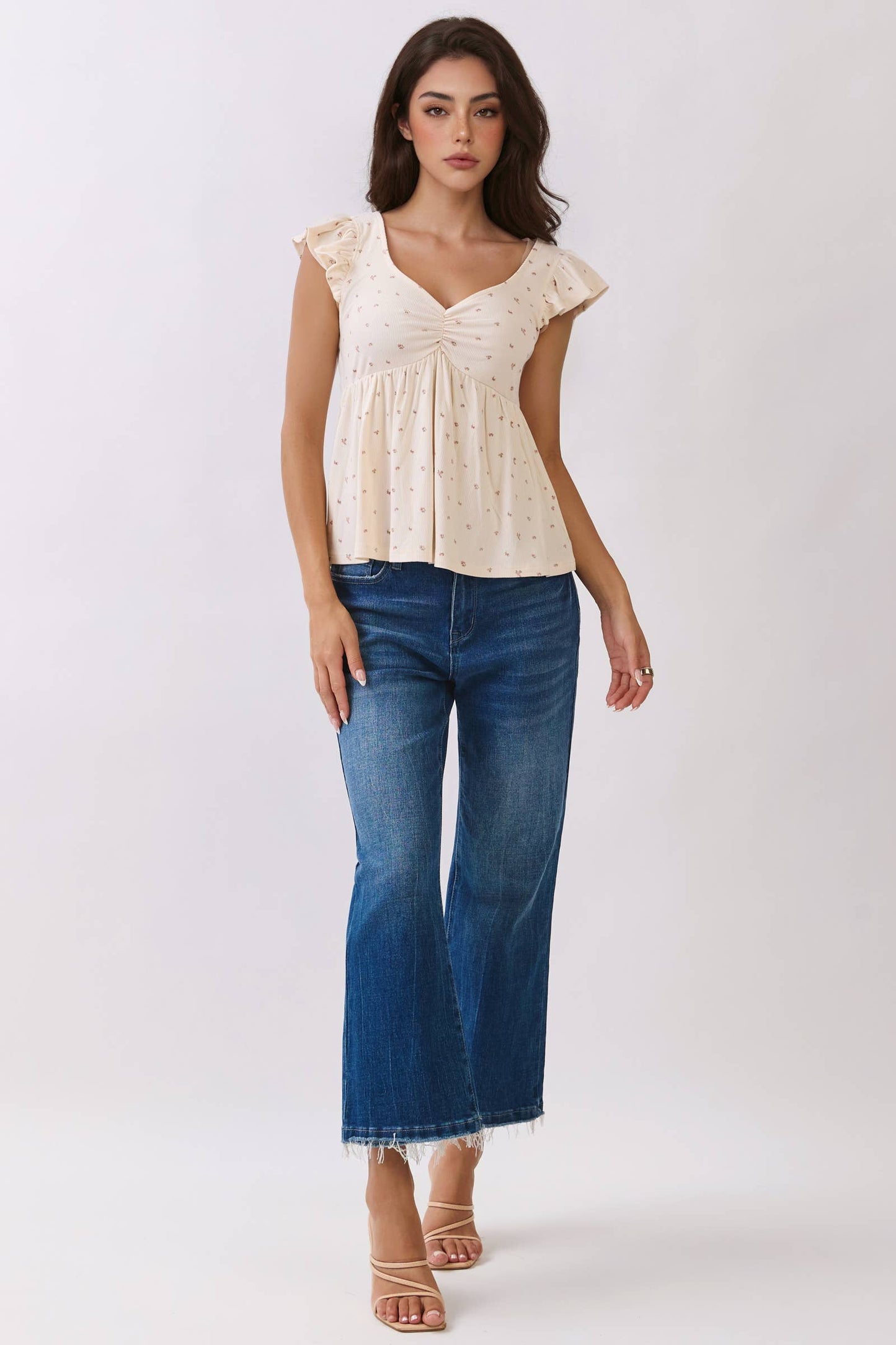 RT57069BP - PRINTED PEPLUM TOP WITH TIE BACK DETAIL: NAVAL ACADEMY/WHT POLKA DOT / S-M-L/2-2-2